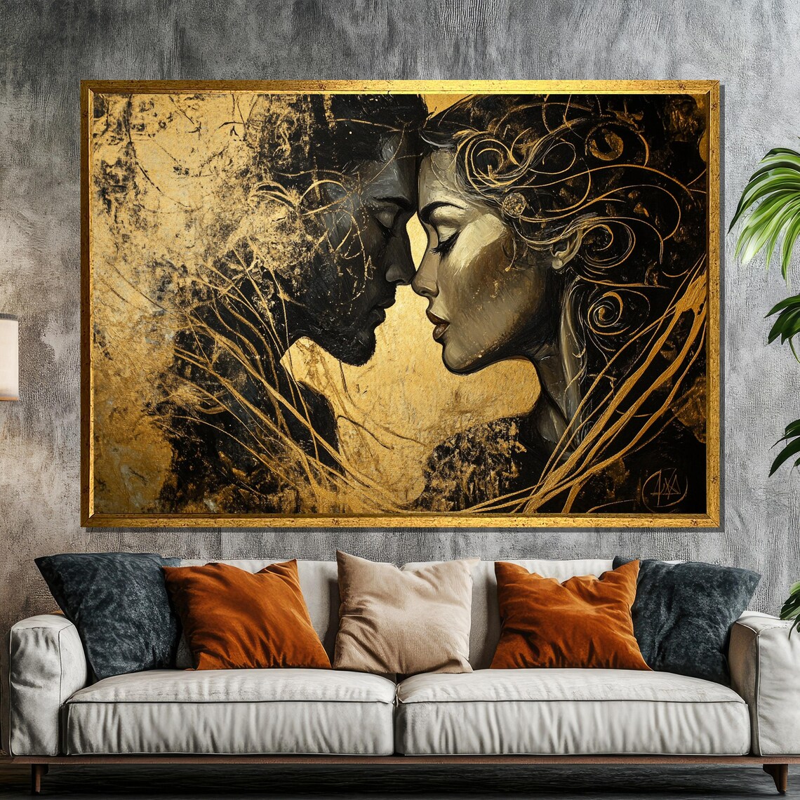 Golden Embrace Black Gold Romantic Couple Faces Art Nouveau Poster