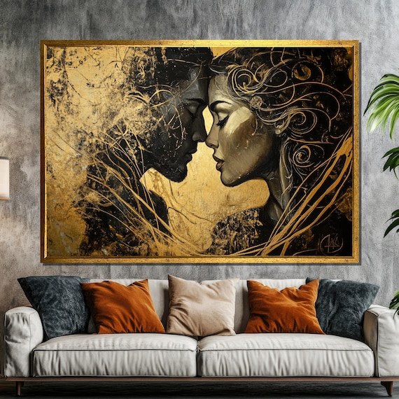 Gold And Black Romantic Painting Elegant Couple Wall Art Luxury Love Artwork Anniversary Gift For Him And Her Modern Home Decor