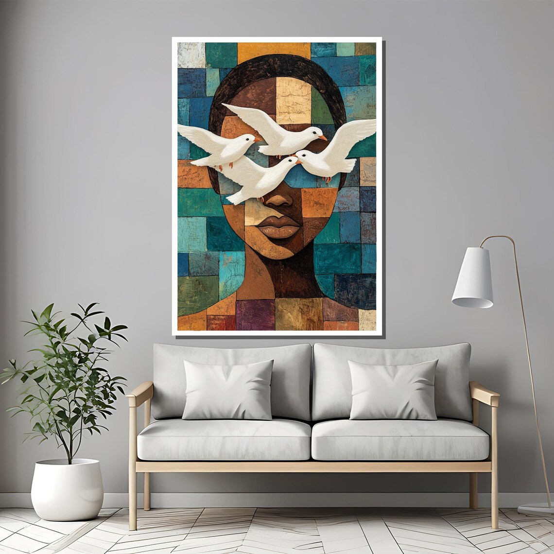 Mosaic Woman Portrait With Flying White Doves Surreal Art Poster - Image 2