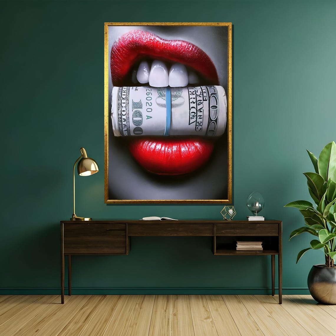 Bold Red Lips With Money Roll Painting Statement Gift For Modern Wall Art And Luxury Home Decor Enthusiasts - Image 5
