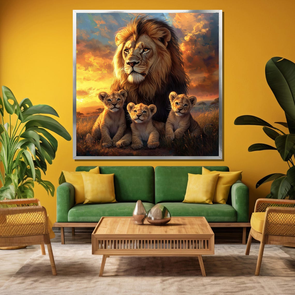 Noble Lion With His Three Cubs Under A Fiery Sunset Sky Poster - Image 3