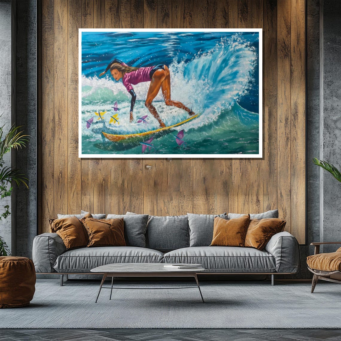 Female Surfer Riding Big Blue Wave Dynamic Surf Painting Poster - Image 2