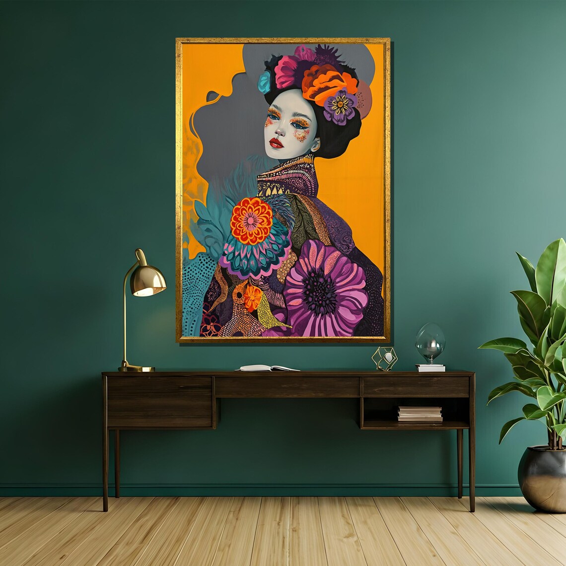 Colorful Floral Geisha Portrait On Bold Orange Pop Art Poster - Image 5