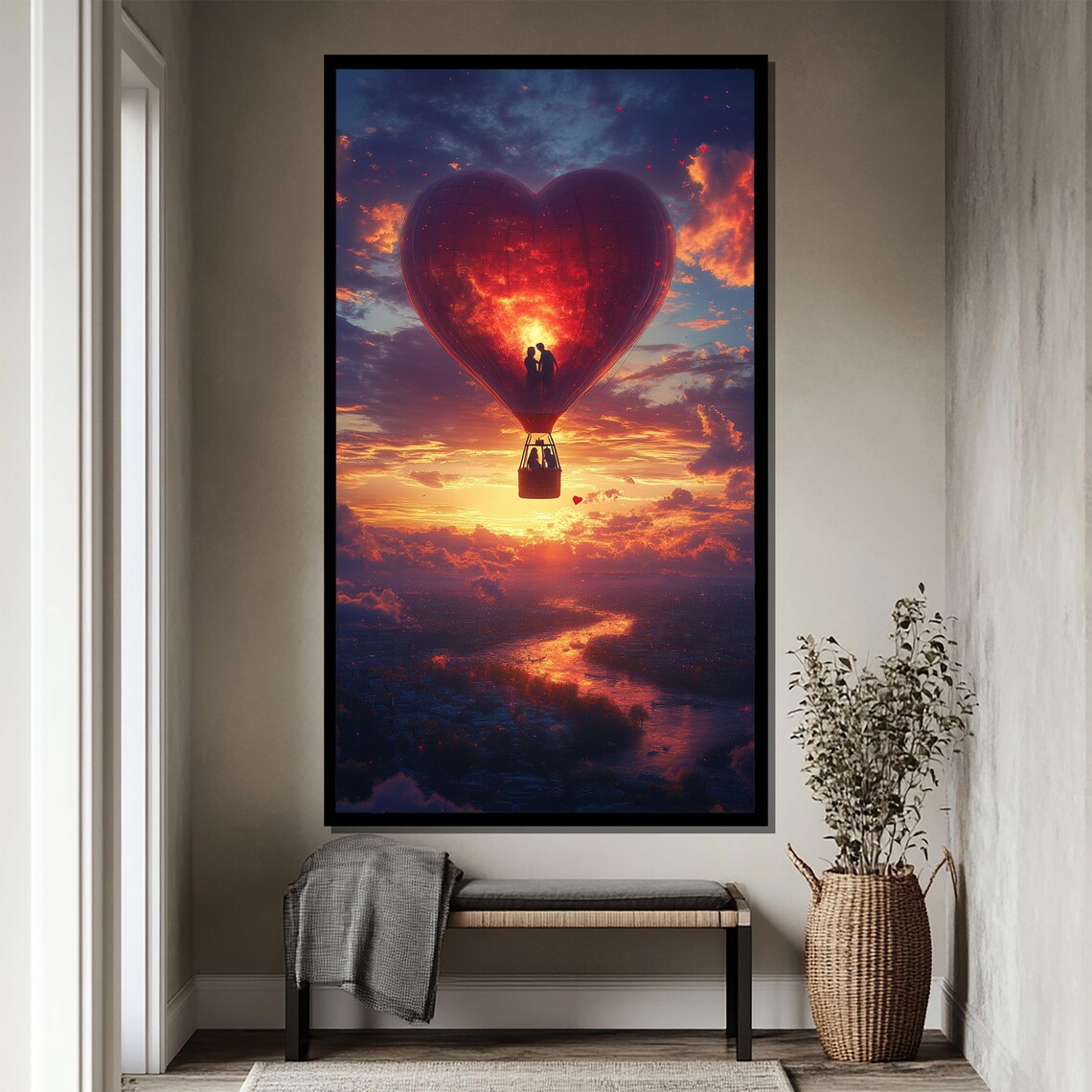 Heart Shaped Hot Air Balloon Glowing Sunset Over the River Poster - Image 4