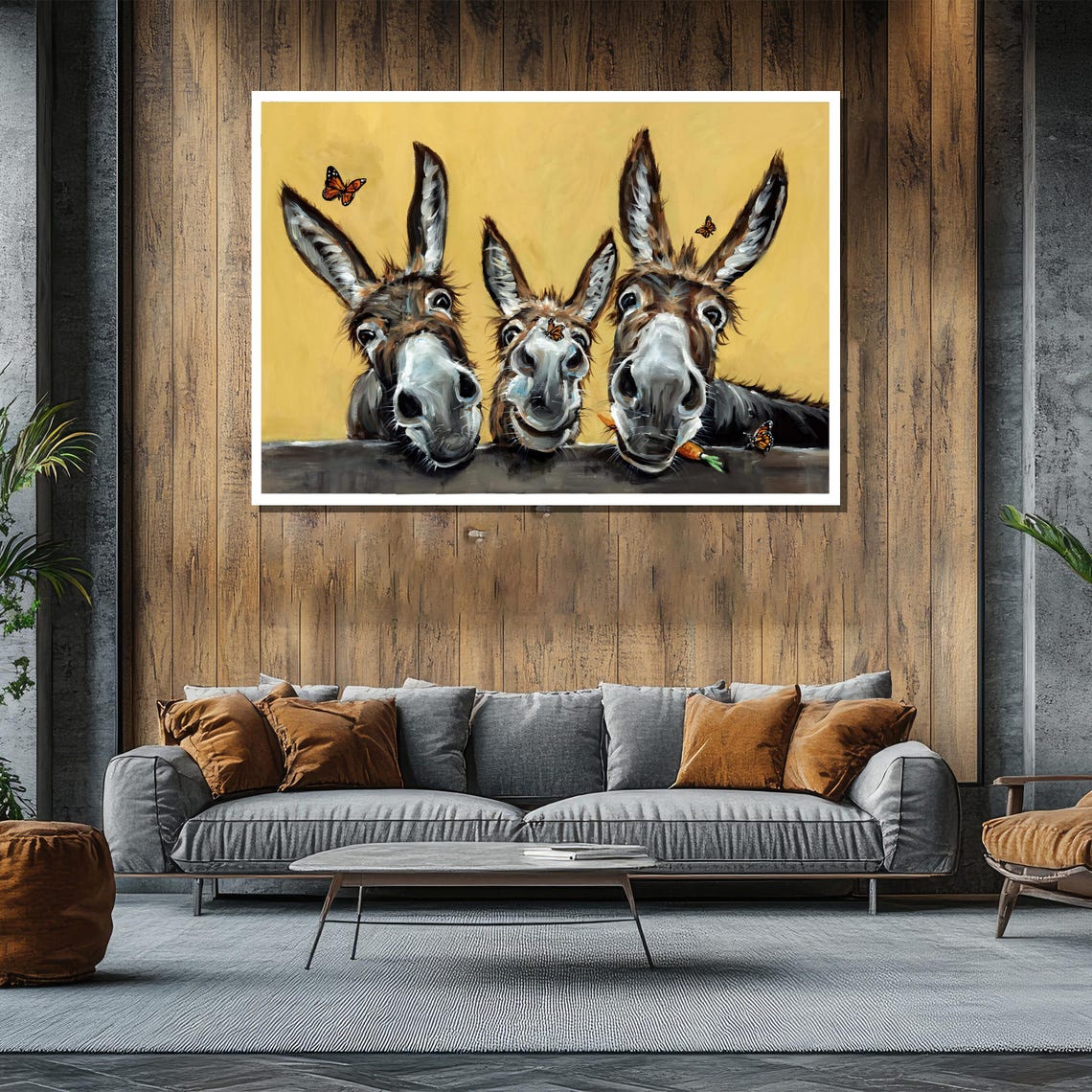 Three Playful Donkeys Peeking Over Fence Funny Animal Art Poster - Image 2