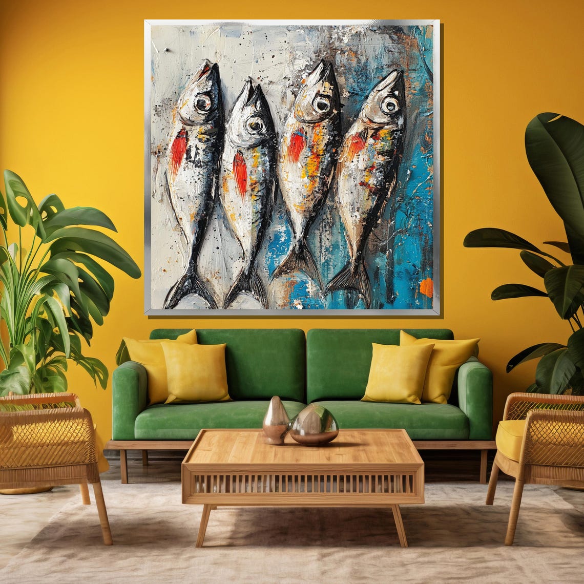 Four Rustic Fish in Blue and White Coastal Painting Style Poster - Image 3