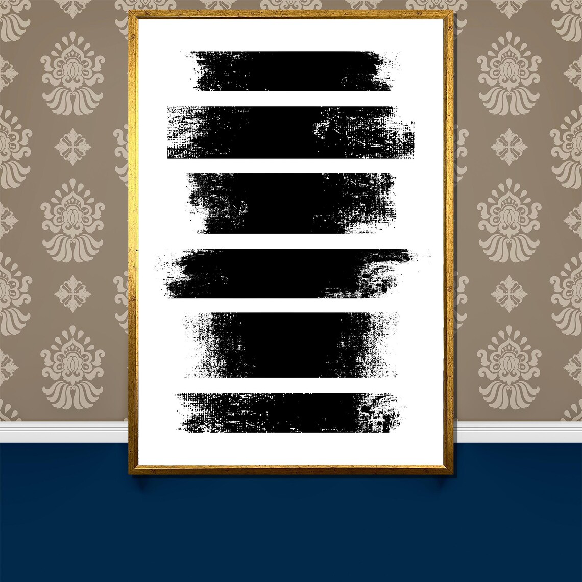Six Black Grunge Brush Stripes Minimalist Black and White Art Poster