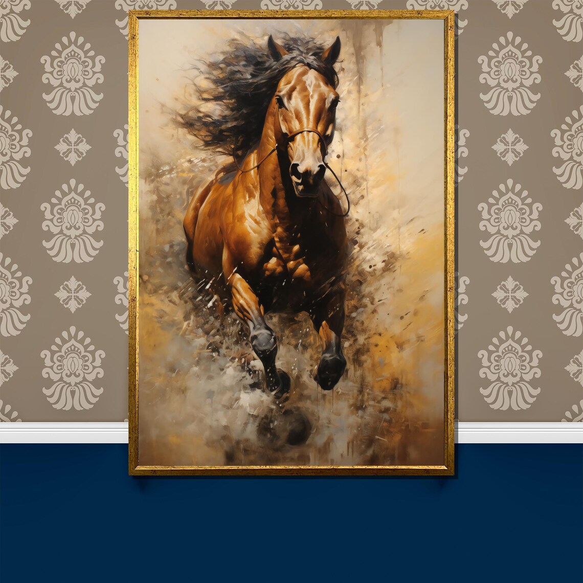 Galloping Chestnut Stallion Dynamic Horse Oil Painting Poster