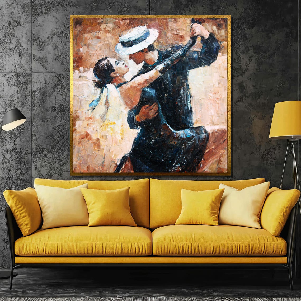 Tango Couple in White Fedora and Blue Sash Romantic Art Poster