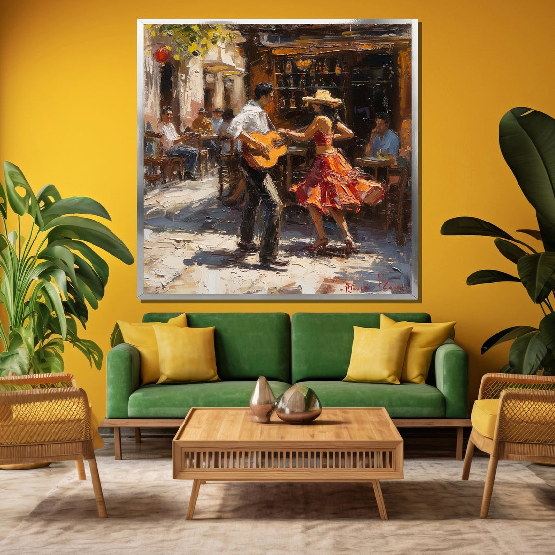 Sunlit Spanish Street Guitarist and Dancer Cafe Scene Art Poster - Image 3