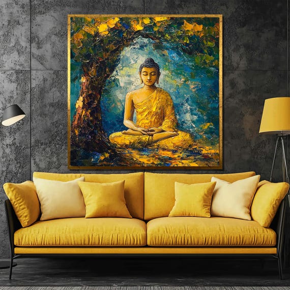 Golden Meditative Buddha Painting Vibrant Tree Of Life Wall Art Gift Peaceful Buddha Meditation Decor For Spiritual Homes