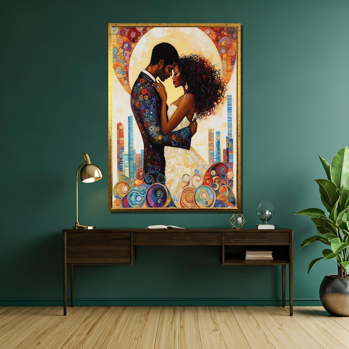 Black Couple Embracing Before A Colorful Mosaic City Skyline Poster - Image 5