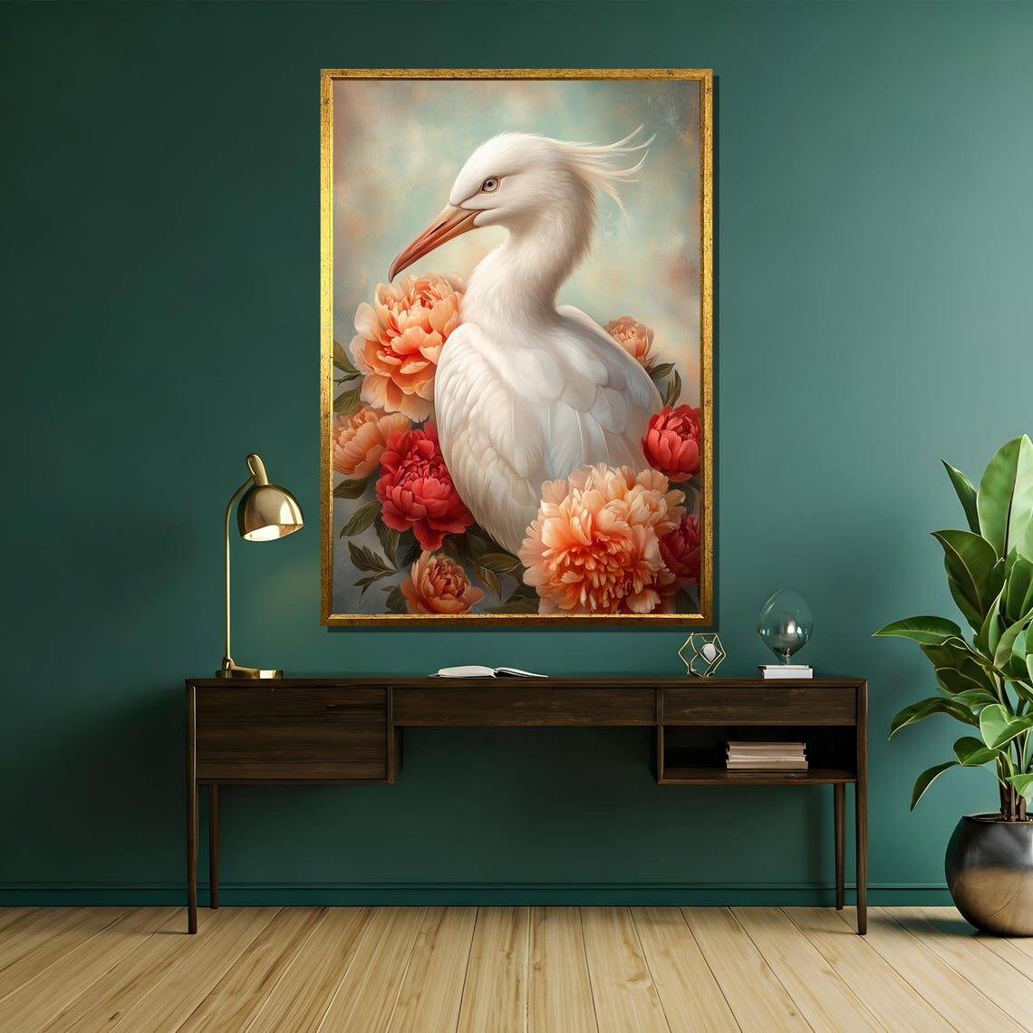 Soft Splendor White Egret Nestled Among Coral Peonies Art Poster - Image 5