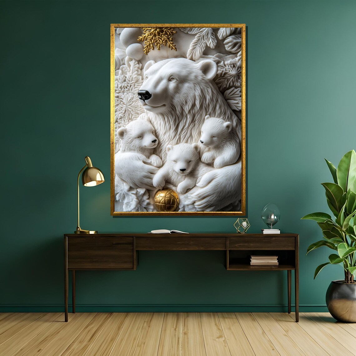 White Polar Bear Family With Gold Accents Sculptural Art Poster - Image 5