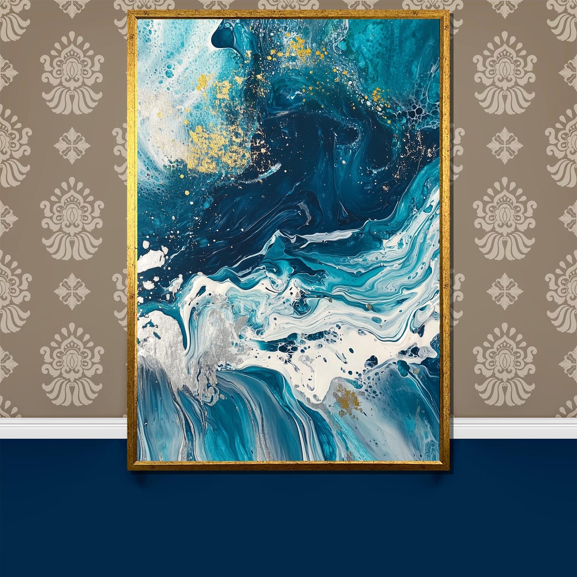 Deep Ocean Blue and Gold Fluid Marble Art Abstract Waves Poster