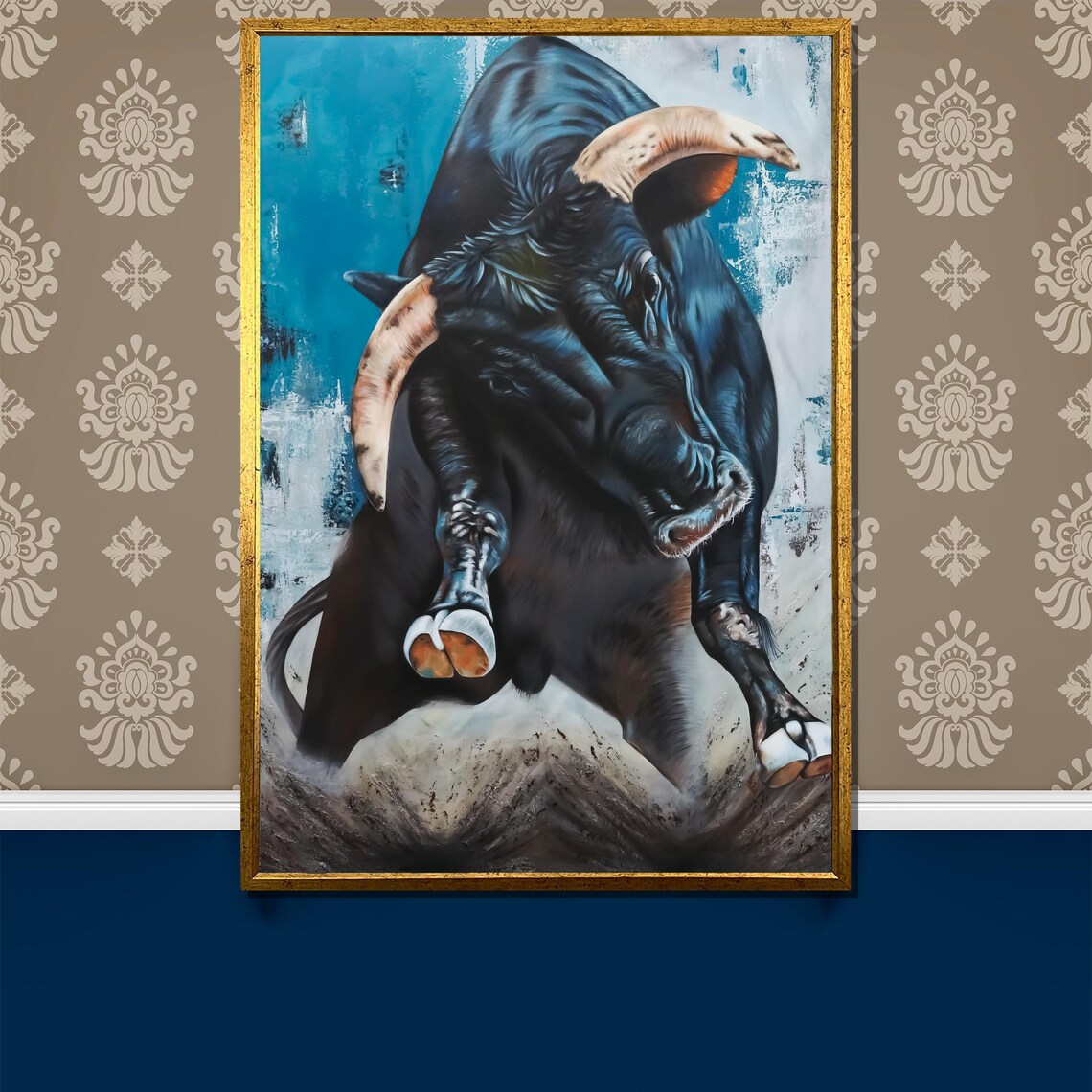 Charging Black Bull Painting Bold Turquoise Wildlife Art Poster