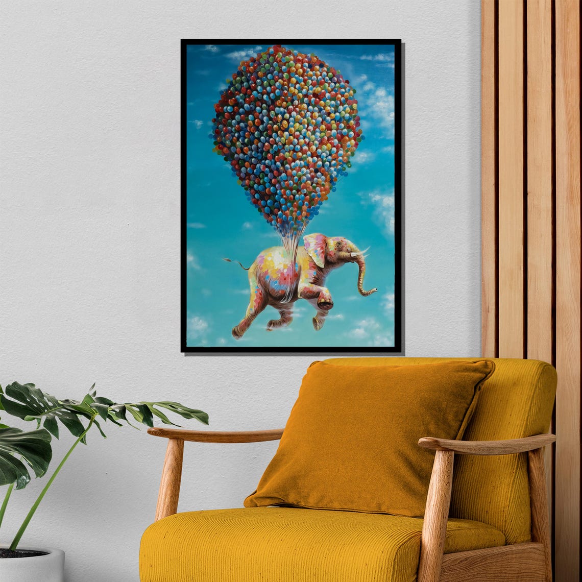 Joyful Rainbow Elephant Floating Away With Colorful Balloons Poster - Image 4