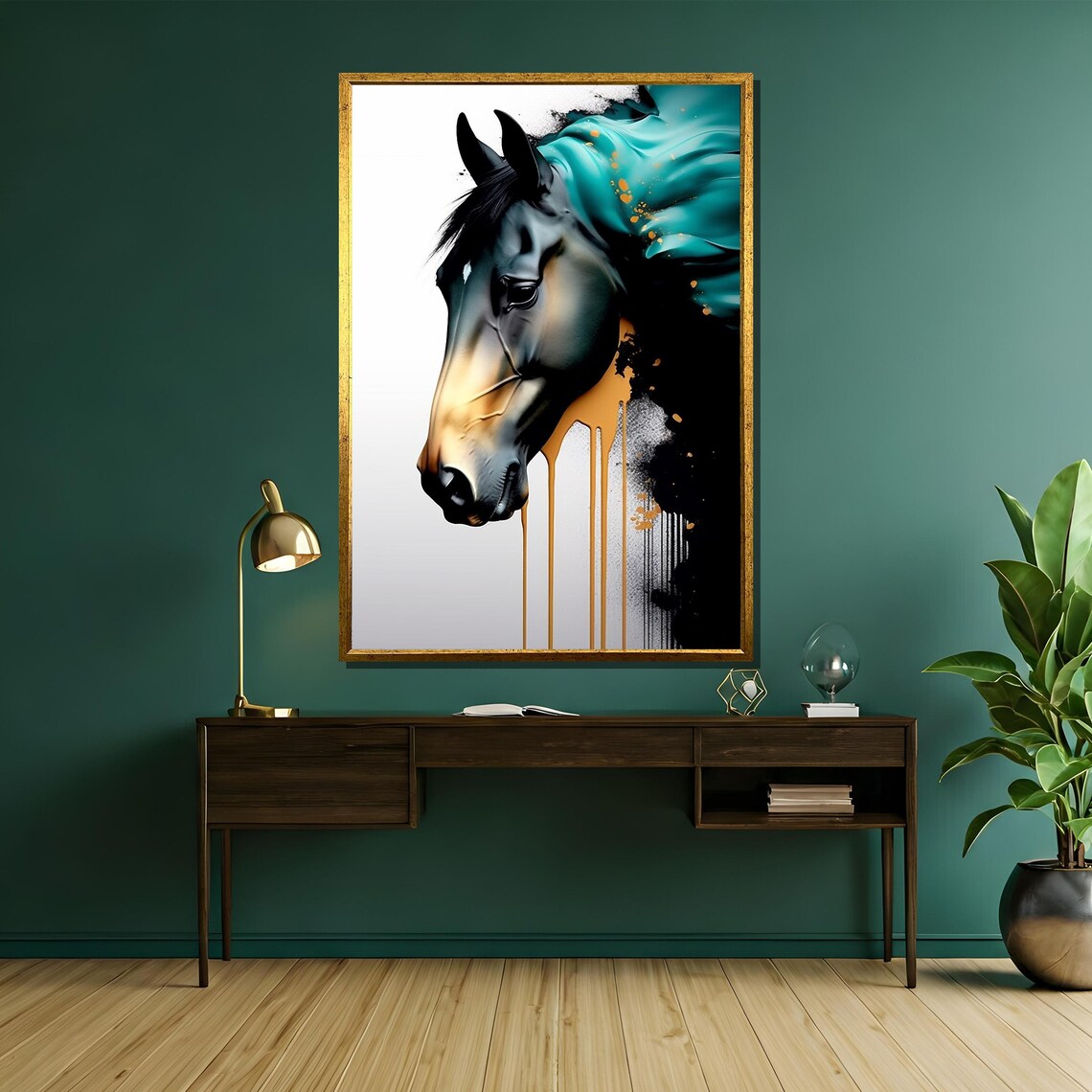 Abstract Horse Head Teal Mane with Gold Drip Modern Art Poster - Image 5
