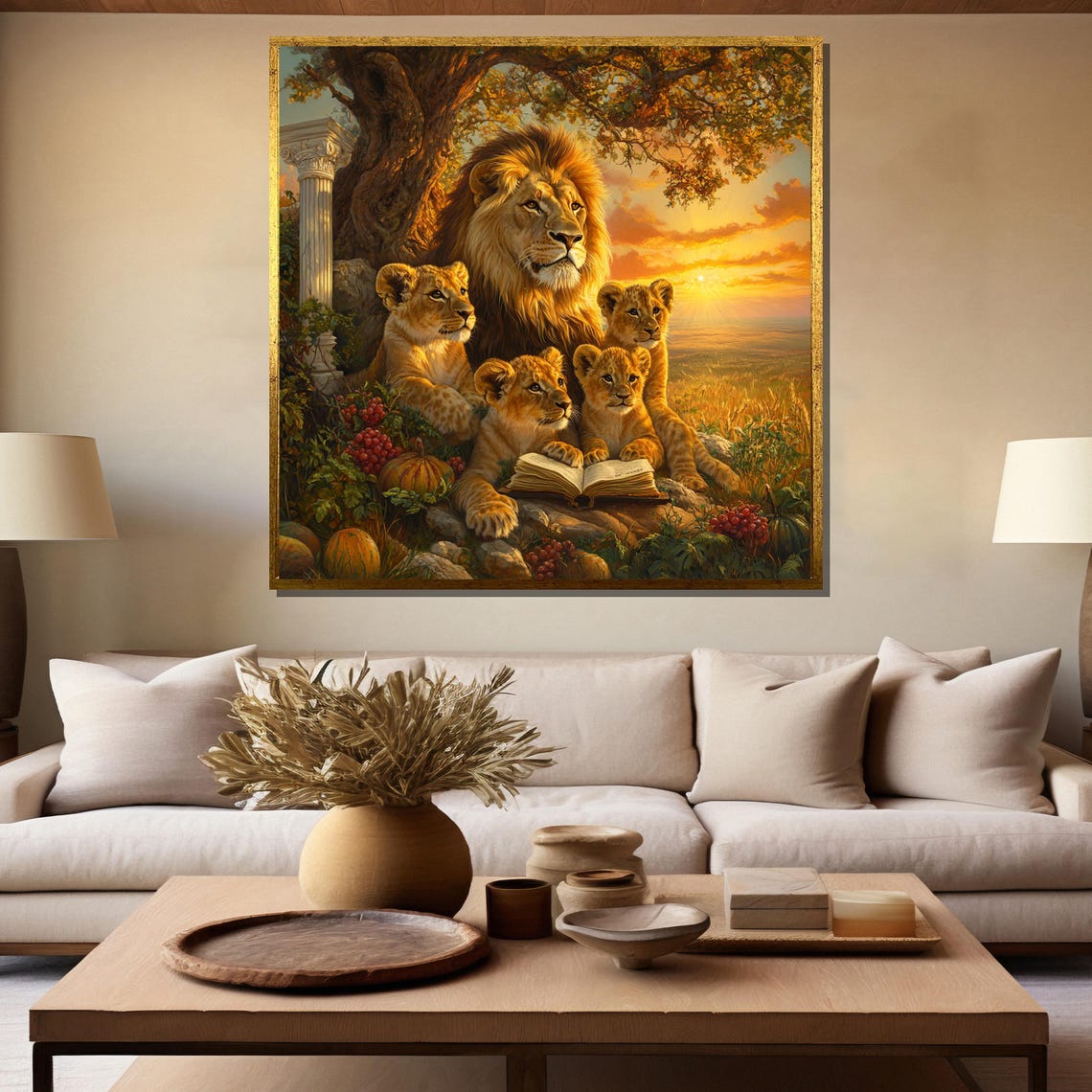 Lion Father Reading Bedtime Stories To His Cubs At Sunset Poster - Image 5