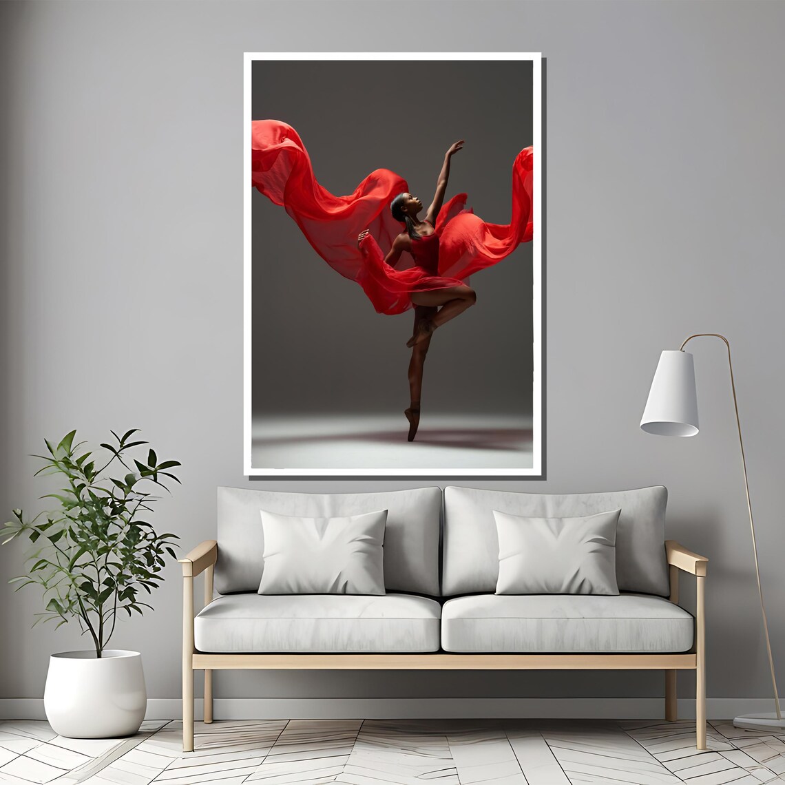 Ballerina on Pointe with Flowing Red Silk Fabric Studio Photo Poster - Image 2