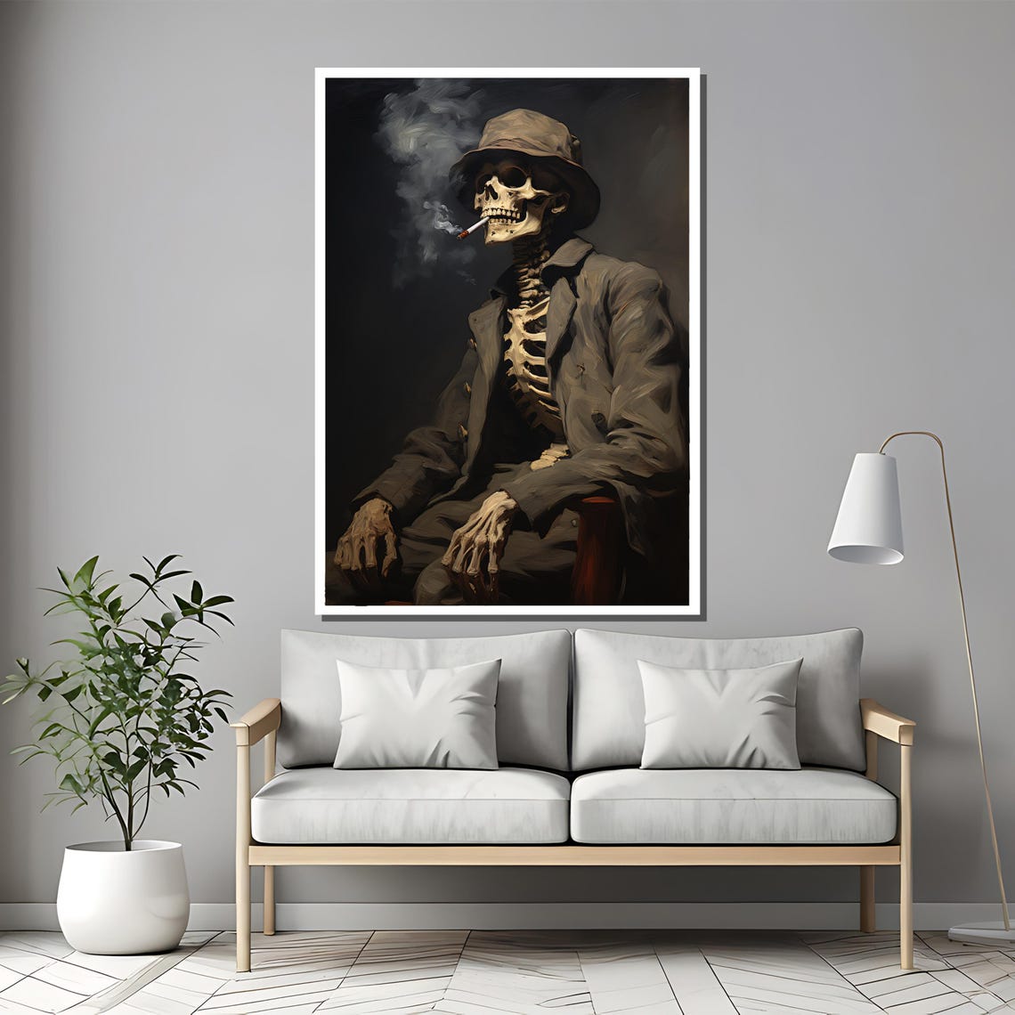 Skeleton in Suit and Hat Smoking a Cigarette Dark Gothic Poster - Image 2
