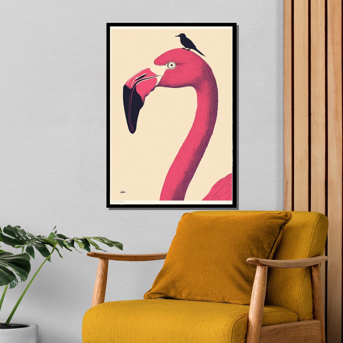 Pink Flamingo Minimalist Bird With Tiny Black Bird Art Poster - Image 4