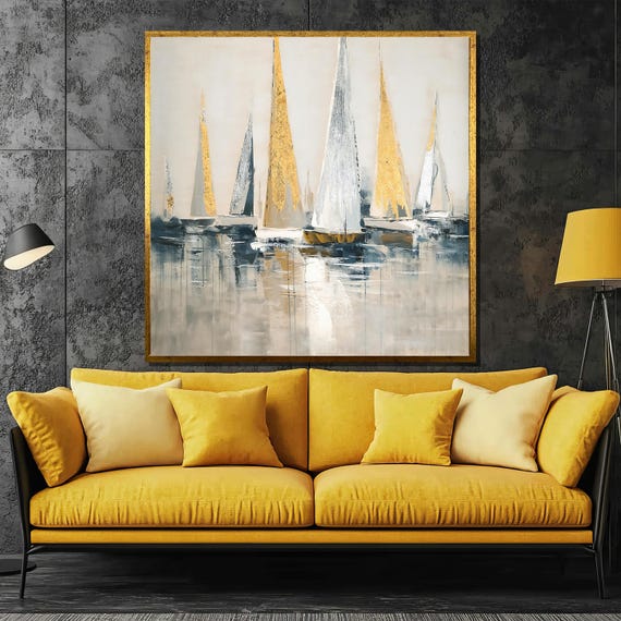 Abstract Golden Sailboats Painting Modern Nautical Wall Art Gift Textured Gold And Grey Sailboat Decor For Living Room