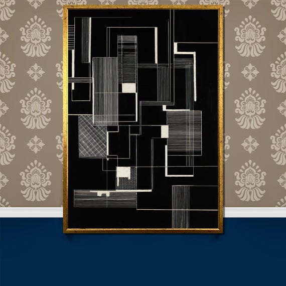 Modern Geometric Abstract Painting In Black And White Minimalist Wall Art Gift For Contemporary Home Decor