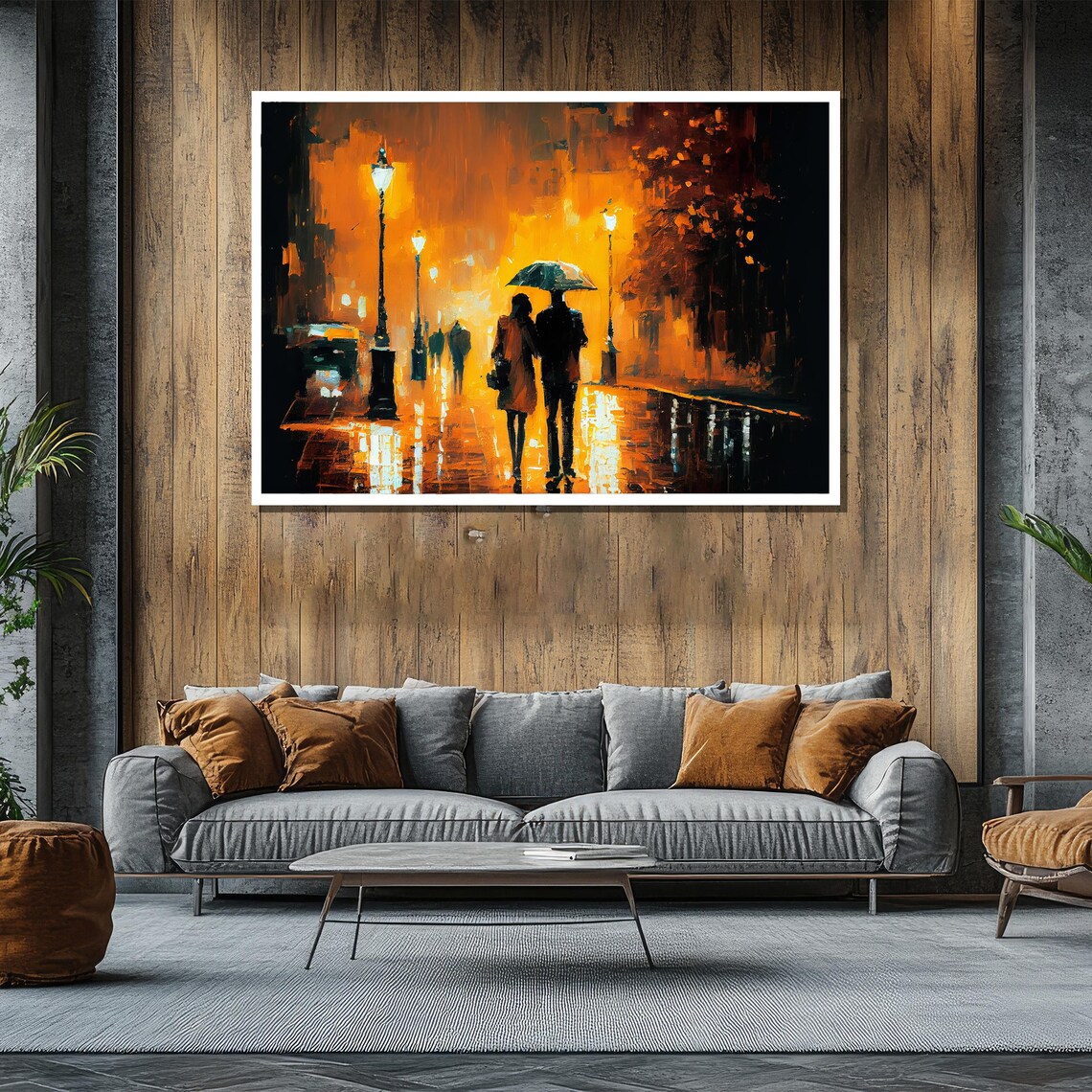 Rainy Night Romance Couple Under Umbrella Warm Golden Art Poster - Image 2
