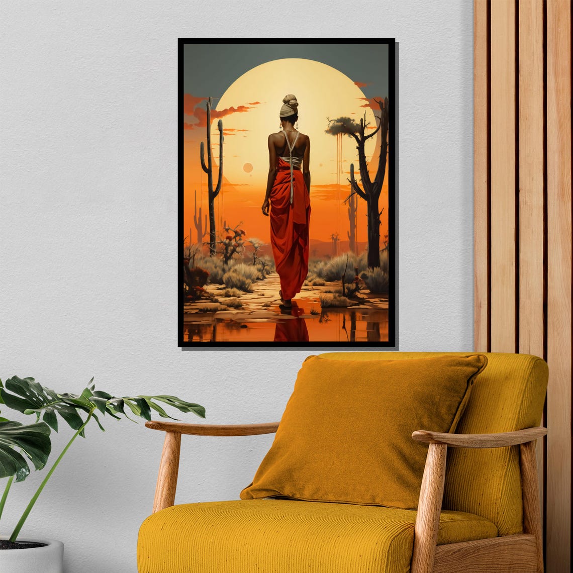 Desert Sunset Woman Walking Toward Giant Golden Sun Art Poster - Image 4