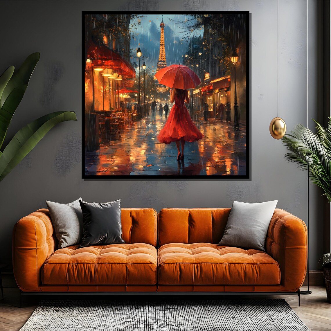 Woman in Red Dress with Umbrella Rainy Paris Night Art Poster - Image 4
