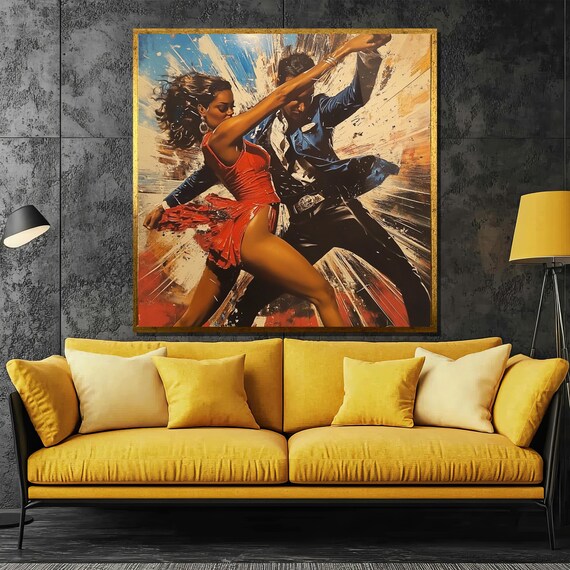 Dynamic Salsa Couple Dancing in Red and Blue Splash Art Poster