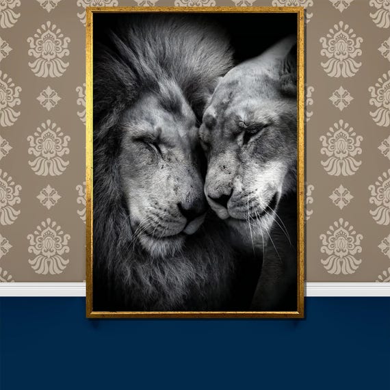 Dual Element Lion Painting Striking Fire And Water Lion Portrait Powerful Animal Art Gift For Bold Wall Decor And Home Accent