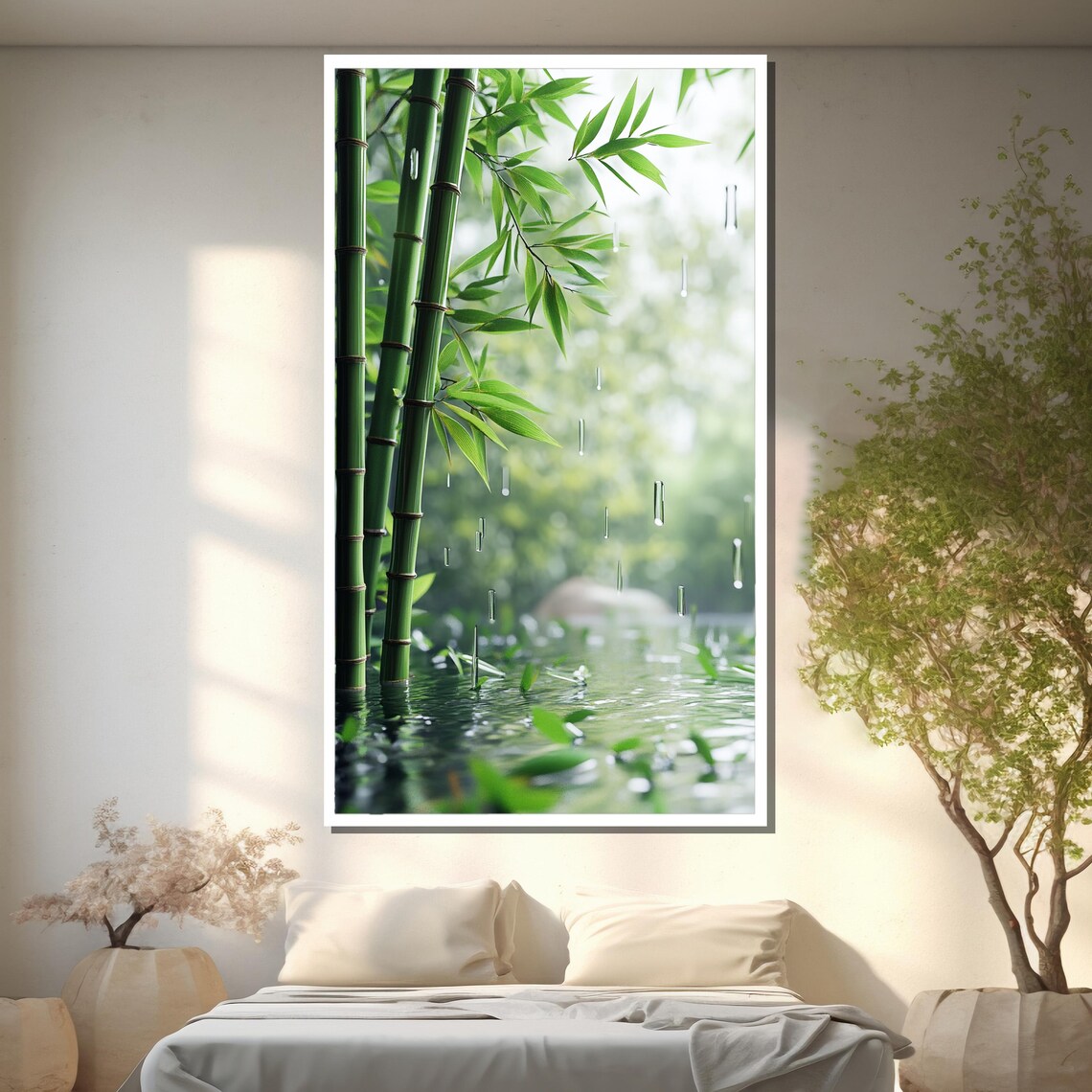 Green Bamboo Stalks Rising from Still Morning Pond Water Poster - Image 2