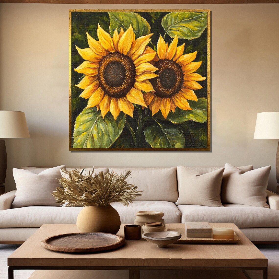 Twin Sunflowers With Green Leaves Cheerful Floral Art Poster - Image 5