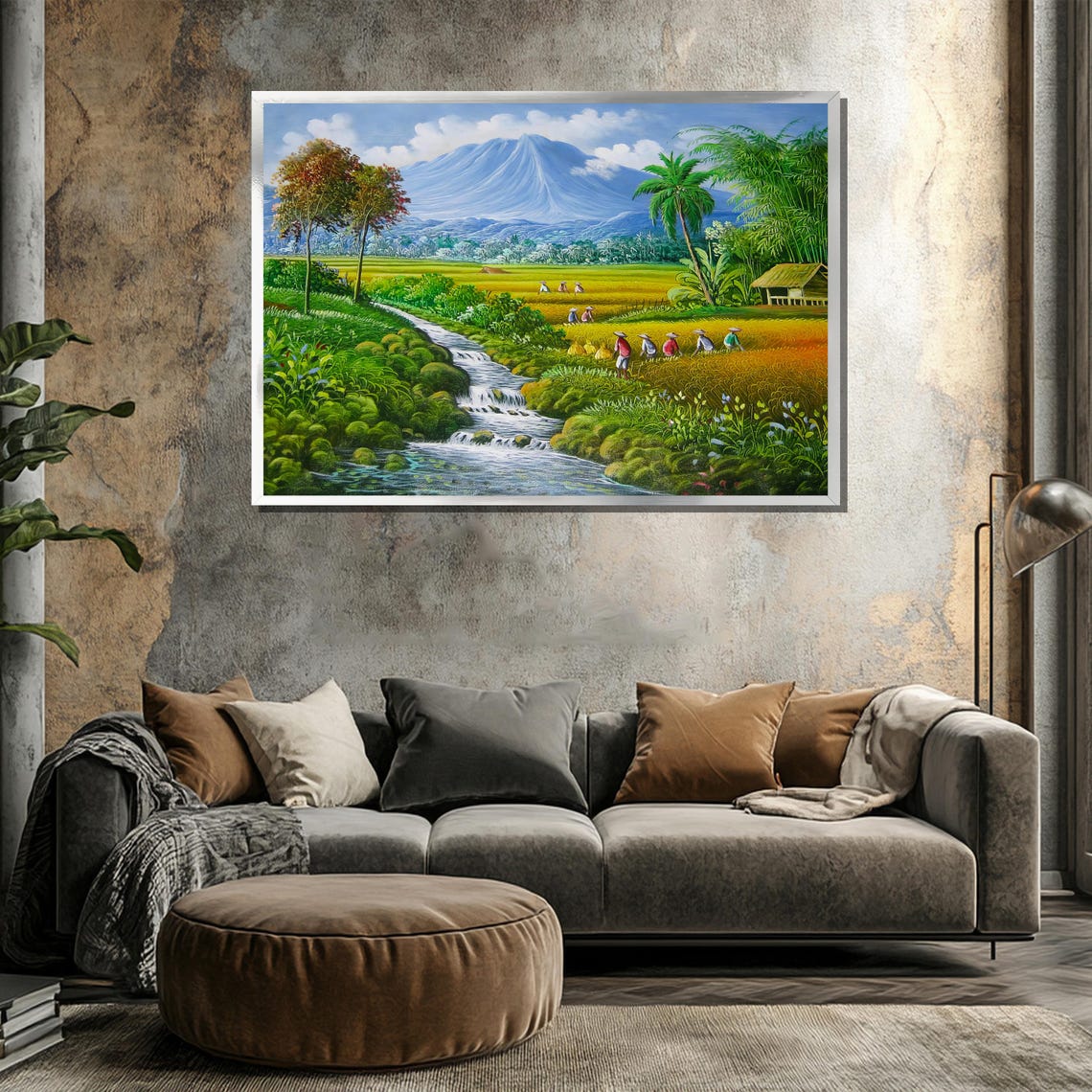 Tropical Rice Fields With Farmers and Volcano Mountain Painting Poster - Image 3