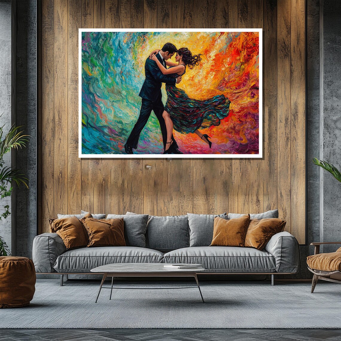 Passionate Couple Dancing In A Swirl Of Teal Orange And Red Paint Poster - Image 2