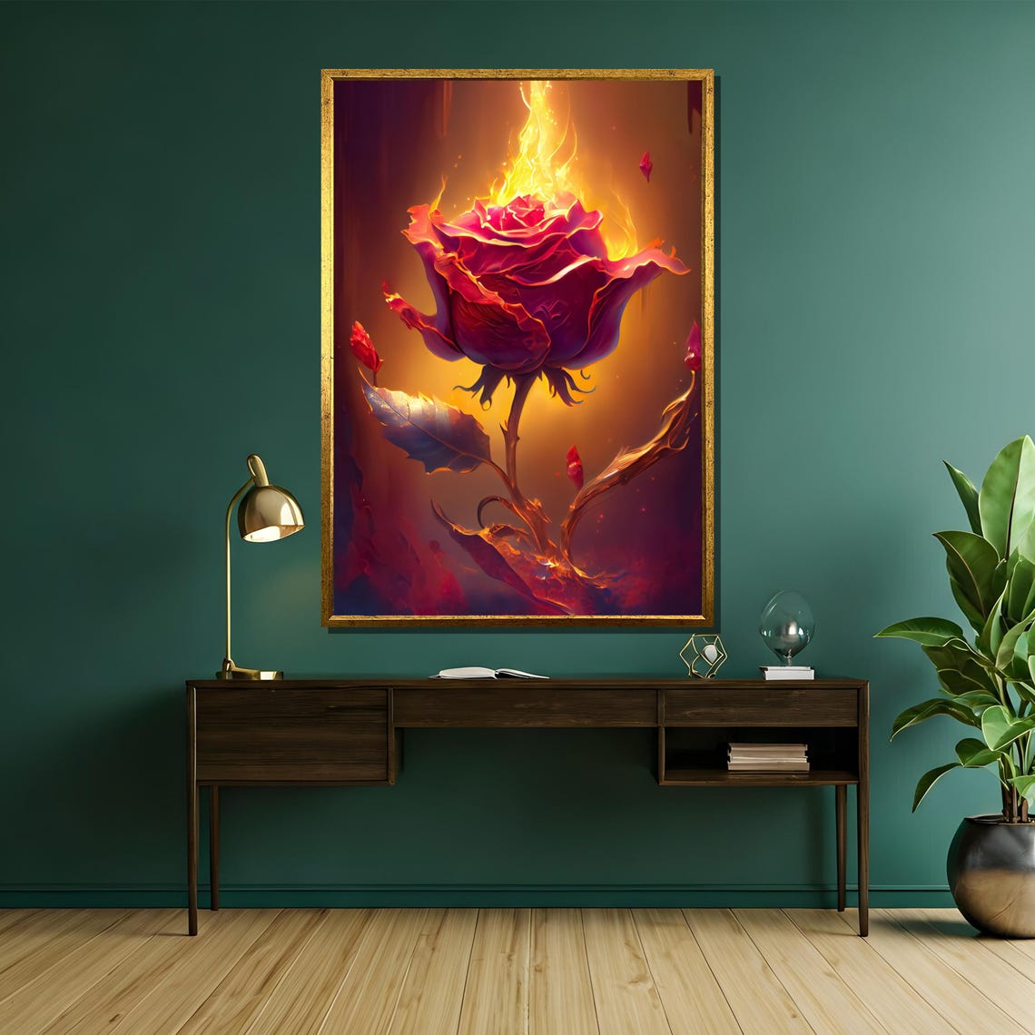 Burning Red Rose Engulfed In Flames Passionate Dramatic Poster - Image 5