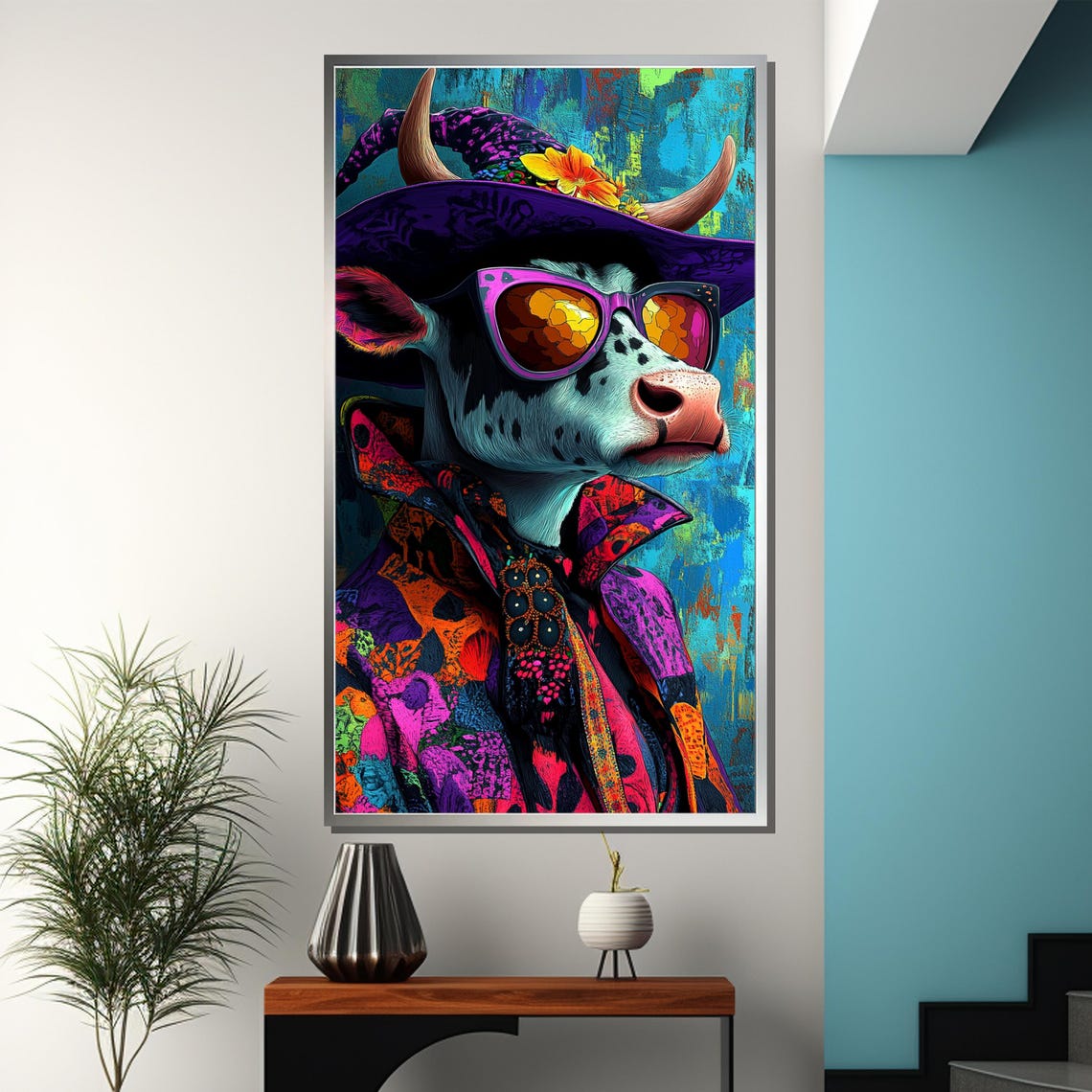 Disco Diva Funky Highland Cow in Sunglasses and Floral Hat Poster - Image 3