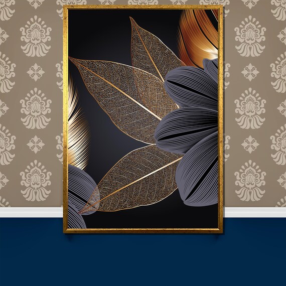 Luxury Botanical Painting Gift Abstract Golden Leaves And Dark Florals Wall Art Modern Home Decor For Sophisticated Interiors