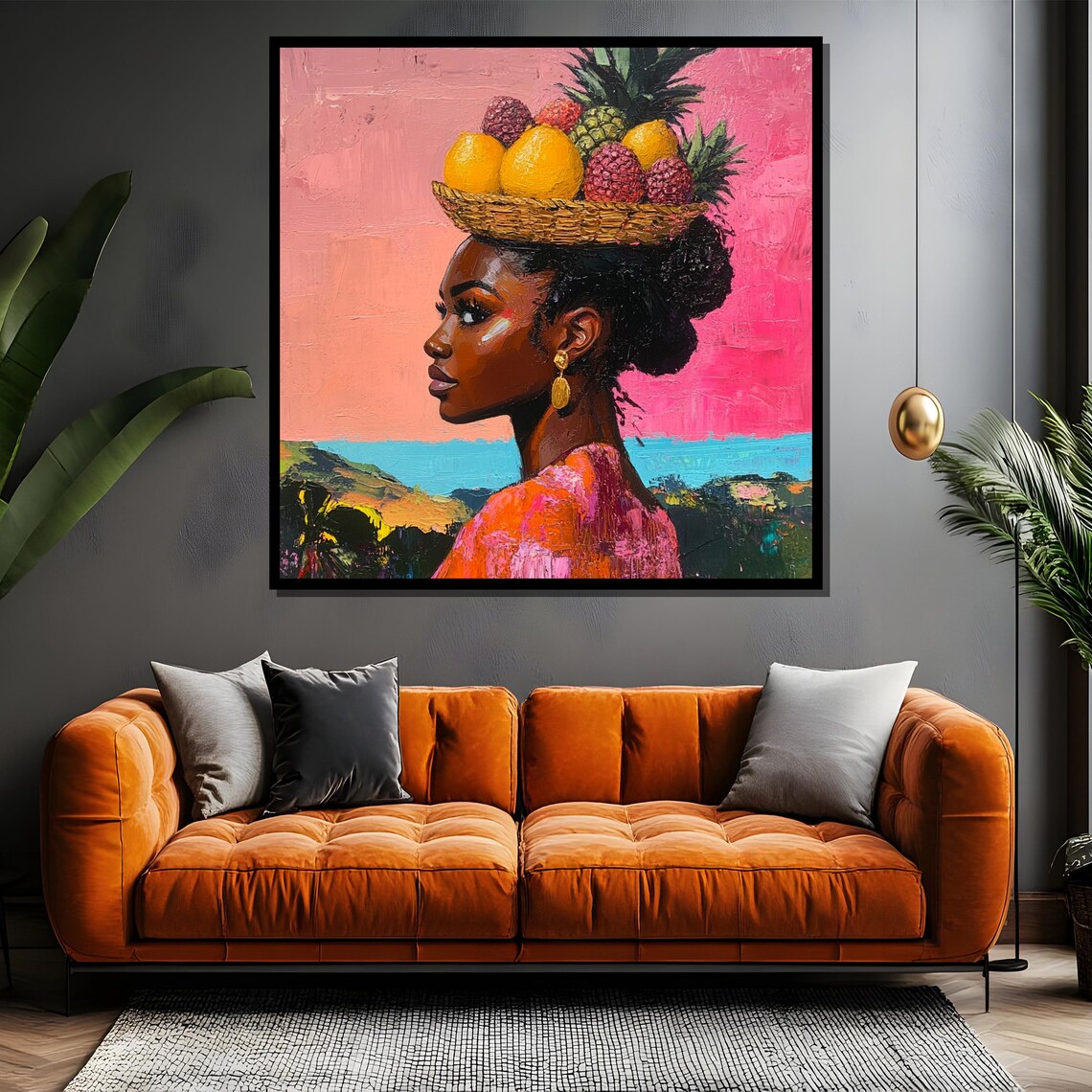 Vibrant Caribbean Woman With Tropical Fruit Basket Pink Art Poster - Image 4