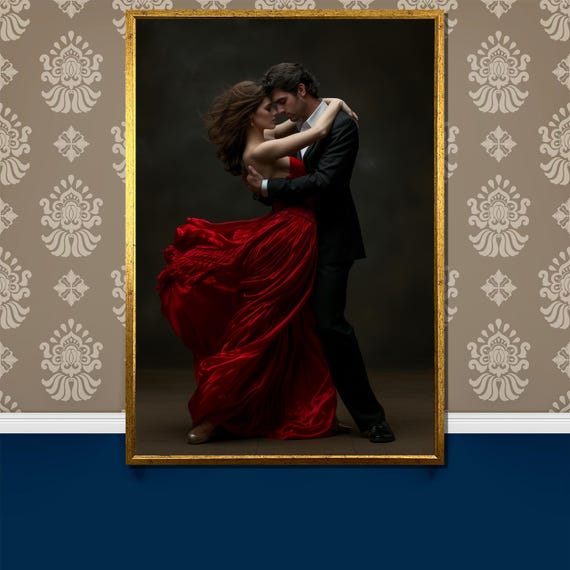 Romantic Couple Dance Painting Passionate Red Dress Art Gift Elegant Wall Decor For Home Modern Dance Artwork