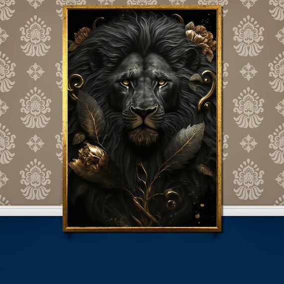 Black Lion With Golden Floral Accents On Dark Backdrop Poster