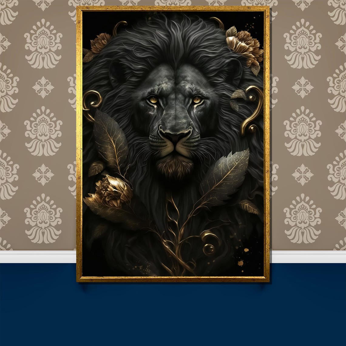 Black Lion With Golden Floral Accents On Dark Backdrop Poster