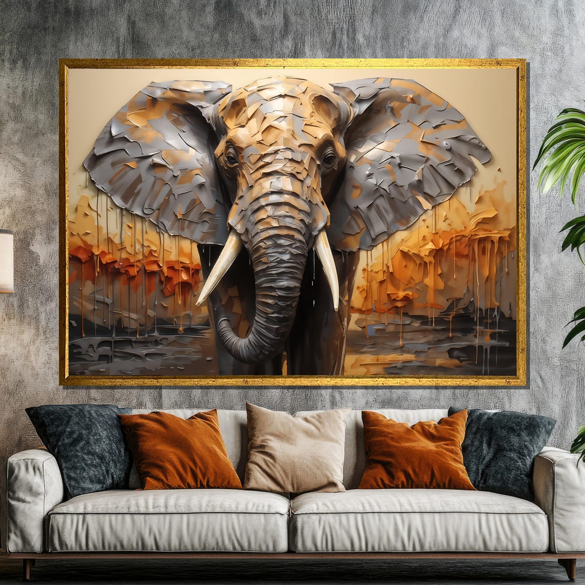Textured Golden Elephant Head Mosaic Style Safari Artwork Poster