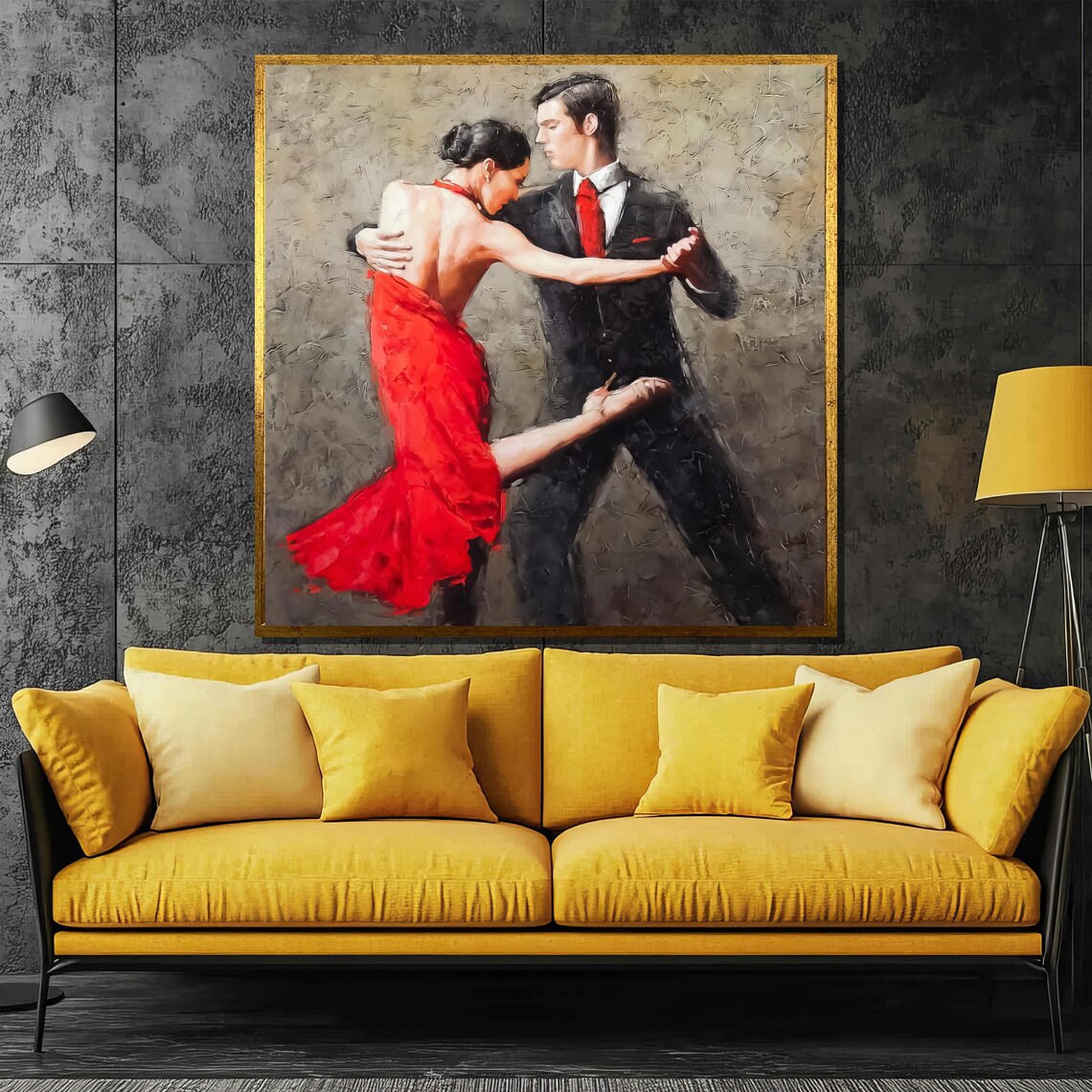 Tango Couple in Red Dress and Black Suit Dramatic Art Poster