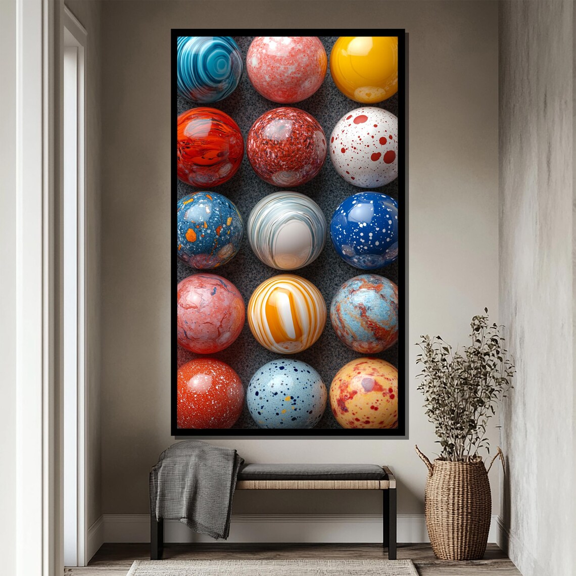 Fifteen Marbled Glass Spheres Arranged in a Grid Abstract Poster - Image 4