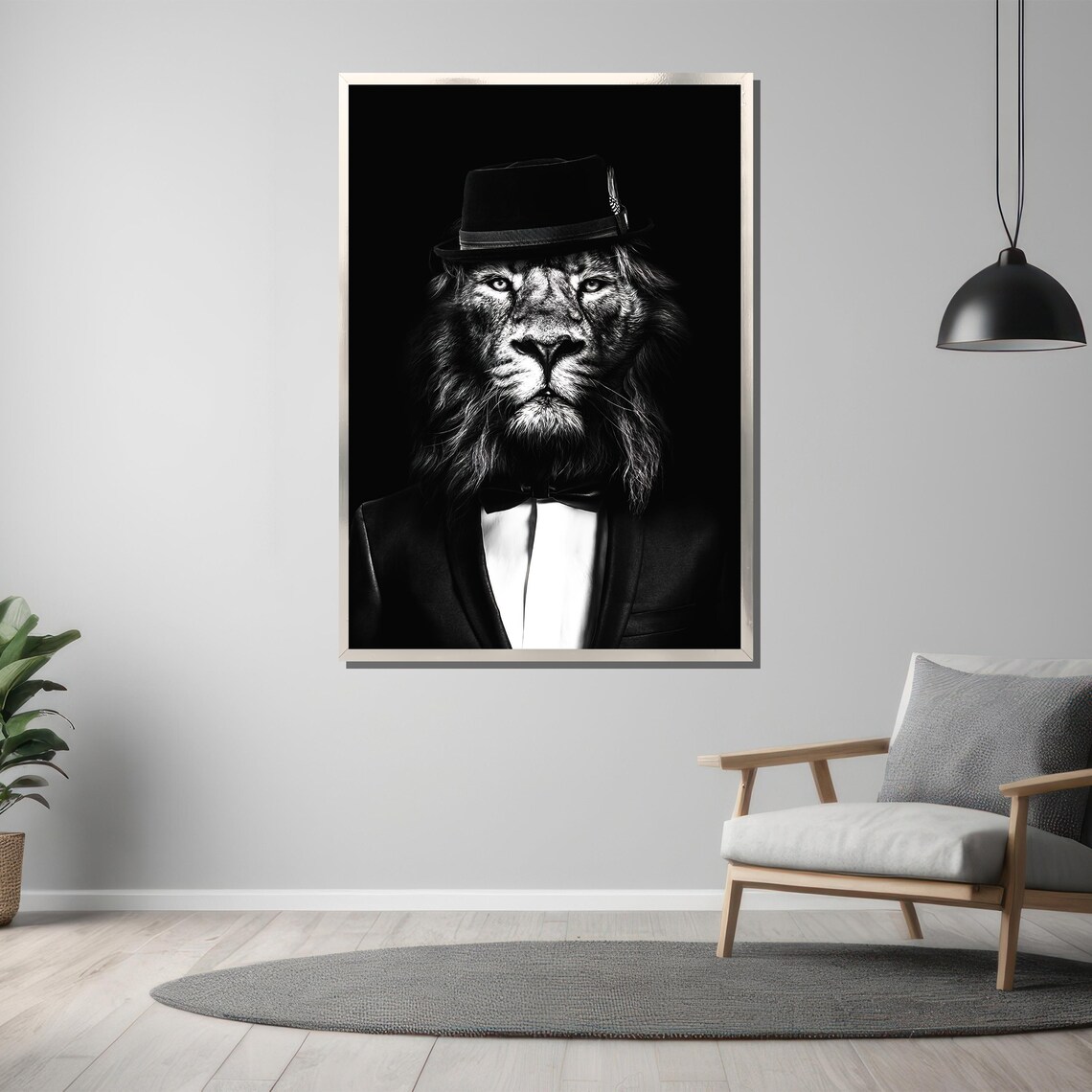 Lion in Top Hat Bow Tie Black White Dapper Animal Portrait Poster - Image 3