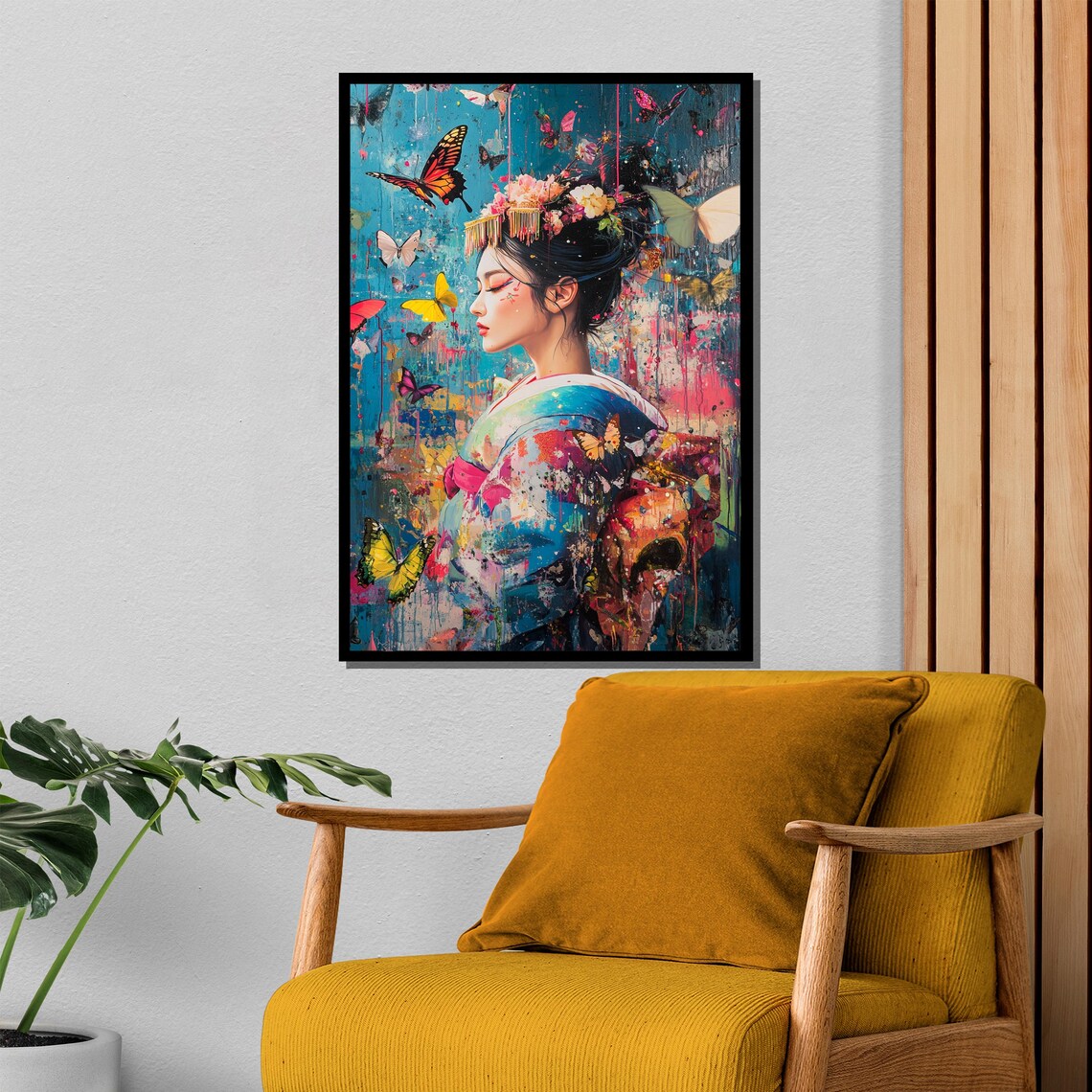 Serene Geisha Among Butterflies Dreamy Teal Splash Art Poster - Image 4