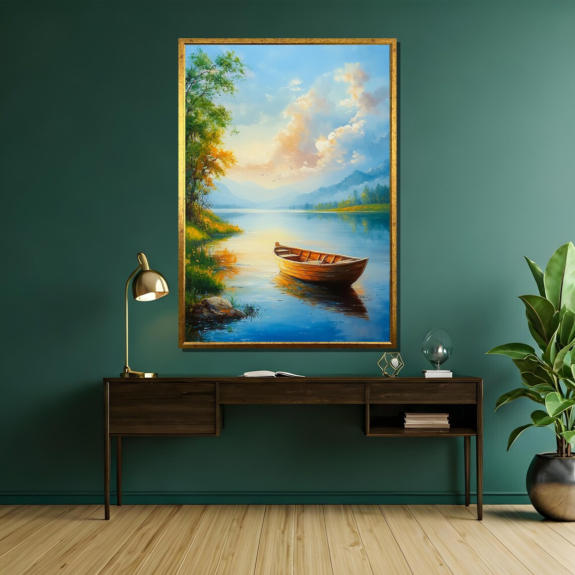 Wooden Rowboat on Calm Sunrise Lake Tranquil Landscape Painting Poster - Image 5